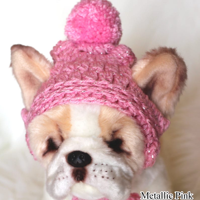 May include: A small dog wearing a pink knitted hat with a pom-pom on top. The hat has a sparkly metallic finish. The dog is looking at the camera. Metallic Pink.