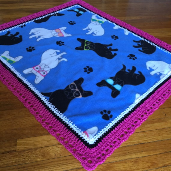 FRENCH BULLDOG Blizzard Fleece Handmade Crochet Puppy Blanket for Dog Bed Gift