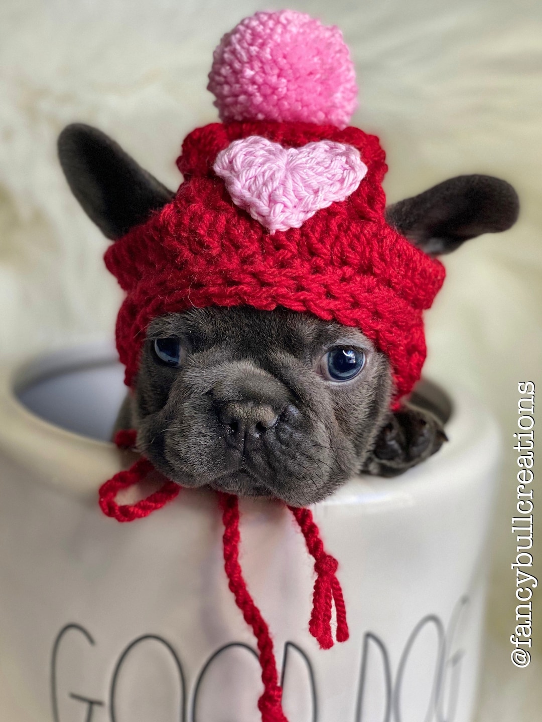 Red With Heart Pet Hat With Ear Holes Valentines Puppy Beanie