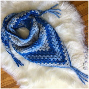 Handmade Crochet LA DODGER BLUE inspired colors Granny Triangle Bandanna Boho Scarf Neck Warmer Wrap Fashion Accessory fringe Bufanda