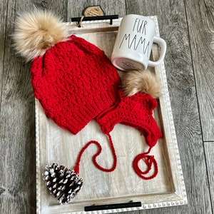 Red crochet Fur Mama with matching pompom beanie hat set Puppy Dog Frenchie French Bulldog Fashion puppy winter beanie toque