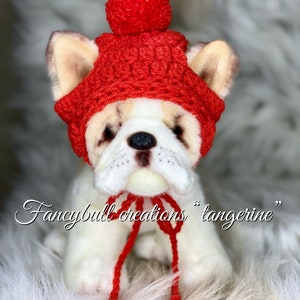 May include: A white stuffed dog wearing a red crocheted hat with a pom-pom on top. The hat has a red string tie. The dog is sitting on a white fluffy surface. "Fancybull creations "tangering""