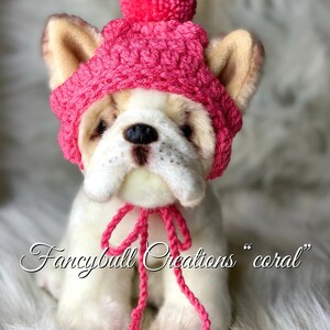 May include: A white stuffed dog wearing a pink crocheted hat with a pom-pom on top. The hat has a matching pink crocheted tie. The dog is sitting on a white fluffy surface. "Fancybull Creations "coral" is written below the dog.