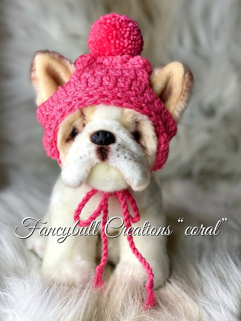 May include: A white stuffed dog wearing a pink crocheted hat with a pom-pom on top. The hat has a matching pink crocheted tie. The dog is sitting on a white fluffy surface. "Fancybull Creations "coral" is written below the dog.