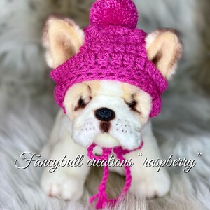 May include: A white stuffed dog wearing a pink crocheted hat with a pom-pom on top. The hat has a matching pink crocheted strap tied around the dog's neck. The dog is sitting on a white fluffy surface. "Fancybull creations "raspberry"