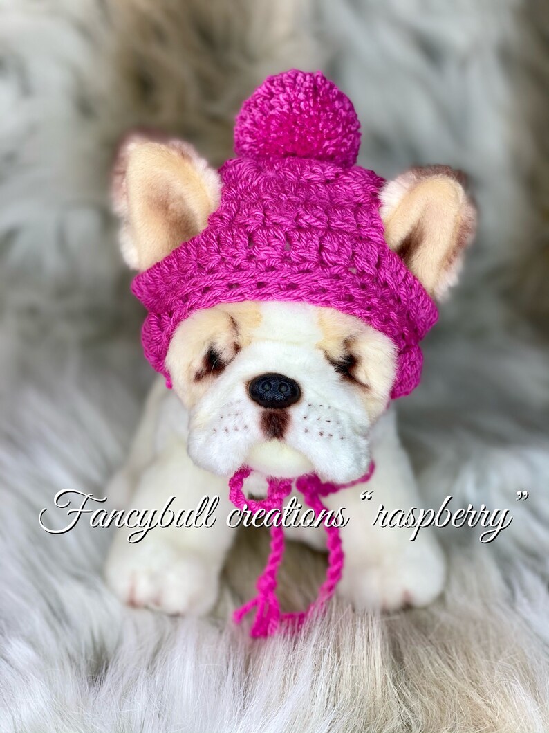 May include: A white stuffed dog wearing a pink crocheted hat with a pom-pom on top. The hat has a matching pink crocheted strap tied around the dog's neck. The dog is sitting on a white fluffy surface. "Fancybull creations "raspberry"
