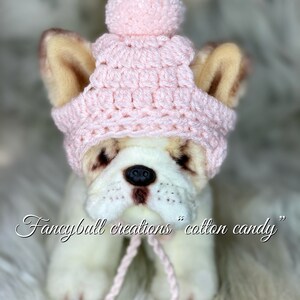 May include: A pink crocheted hat with a pom-pom on top. The hat is designed for a small dog and has a long, dangling tie. The hat is sitting on a white furry surface. "Fancybull creations cotton candy" is written in cursive below the hat.