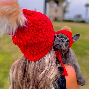 Mommy and Me Furbaby Pet Matching pompom beanie hat set Puppy Dog Frenchie French Bulldog Fashion