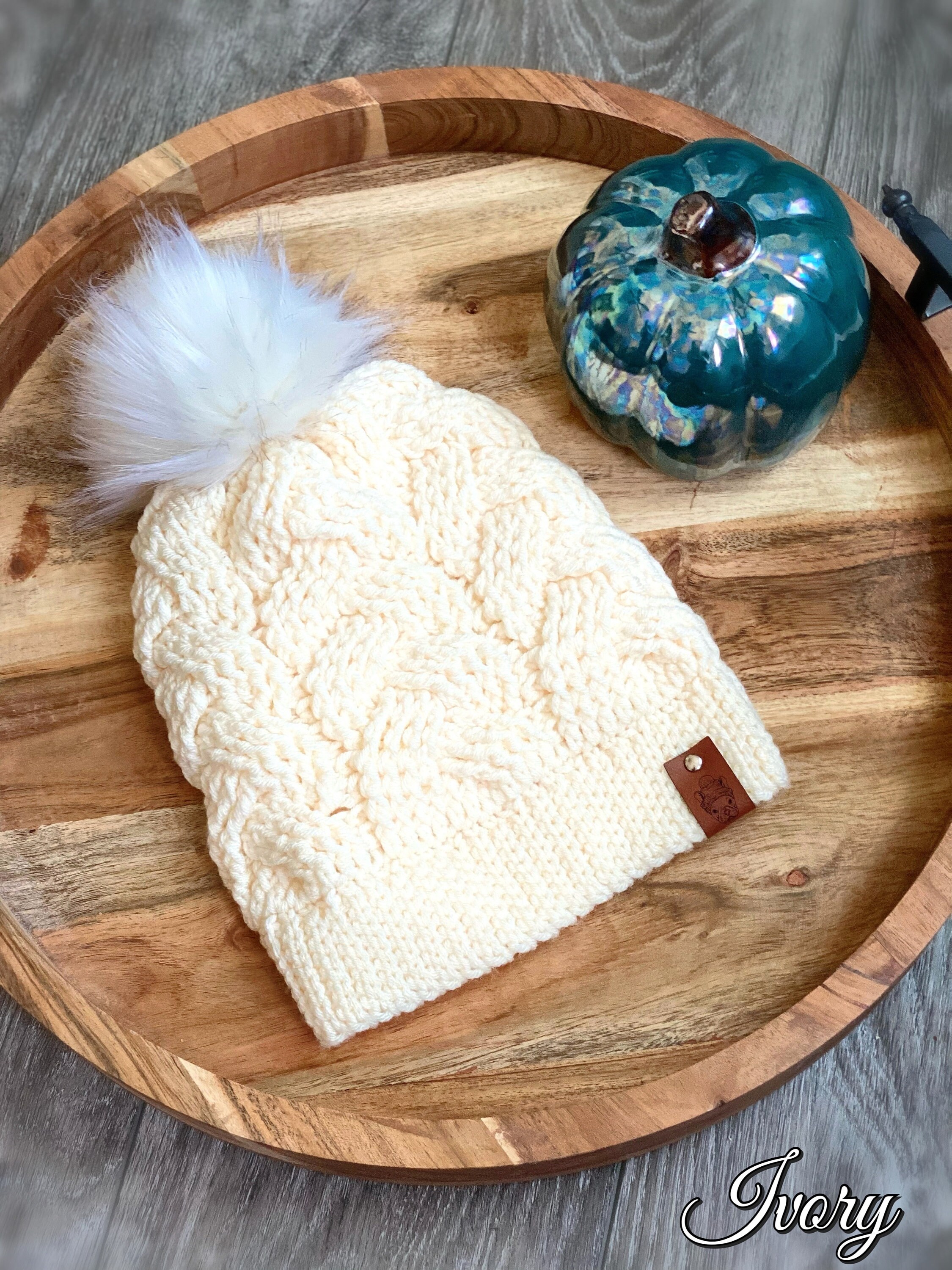 Cable Knit Crochet Beanie Hat Handcrafted Colorful With Faux Fur Pom Handmade Crochet Cable Knit Hat With Faux Fur Pom Pom - Etsy main image 4