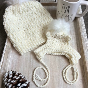 Ivory crochet Mommy and Me Furbaby Pet Matching pompom beanie hat set Puppy Dog Frenchie French Bulldog Fashion puppy winter beanie toque