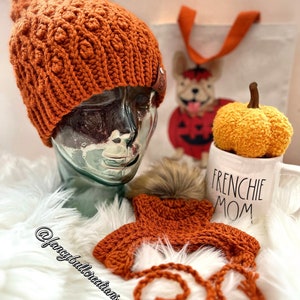 Pumpkin Spice Fur Mama with matching pompom crochet beanie hat set Puppy Dog Frenchie French Bulldog Fashion puppy winter beanie toque