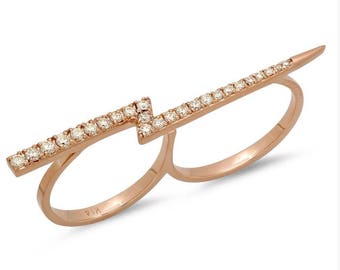 Diamant Doppel Fingerring - 14k Gold Fun Ring - Doppel Finger Rosegold Ring - Just For Fun Ring