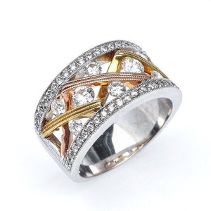 Bague diamant tricolore en or 14 carats/alliance tricolore/bague trois tons/alliance tricolore/bague diamants naturels de 30 carats/pour elle