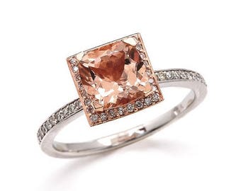 Morganite Engagement Ring in 14k White & Rose Gold/1.50ct Cushion Cut Morganite Ring/.35ct Natural Diamonds Ring /Two Tone Ring/Bridal Ring