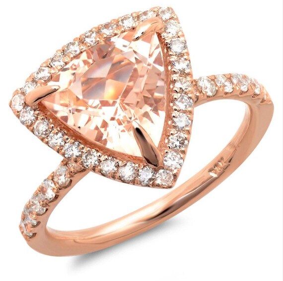 Morganite Engagement Ring in 14k Rose Trillion Cut Morganite  Ring/Halo Natural Diamonds Ring/Triangle Center Ring/Her