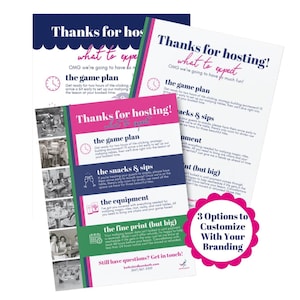 Könnte beinhalten: Drei gedruckte Karten mit dem Text "Danke fürs Gastgeber!" in Marineblau, Rosa und Weiß. Die Karten beschreiben den Spielplan, Snacks & Drinks, die Ausrüstung und den Kleingedruckten. Eine rosa blütenförmige Grafik sagt "3 Optionen zur Anpassung mit Ihrem Branding."