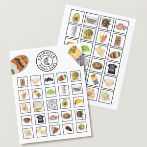 Può includere: Due fogli di carta bianchi con una griglia di quadrati, ognuno contenente un'illustrazione diversa di elementi del menu Chipotle. I fogli sono etichettati "Chipotle Bingo Game" con il logo Chipotle.
