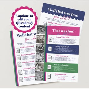 Könnte beinhalten: Ein Werbeflyer mit dem Text „Well that was fun! Now what?“ und „3 options to edit your QR codes & content“. Der Flyer bewirbt Mahjong-Ressourcen, darunter eine NMJL-Karte, Online-Übungen und Lernmaterialien. Der Flyer ist weiß mit rosa und blauen Akzenten.