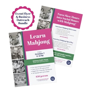 Könnte beinhalten: Zwei pink-weiß Event-Flyer für Mahjong, die Lektionen und offenes Spiel bewerben. Die Flyer enthalten Details zu Zeiten, Ort und Angebot. Ein Vintage-Foto von Leuten, die Mahjong spielen, ist enthalten.