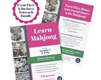 May include: A marketing bundle featuring two rectangular flyers with pink, green, and blue accents. The flyers contain black and white vintage photographs, the text Learn Mahjong, event details for October 7, and business outreach information.
