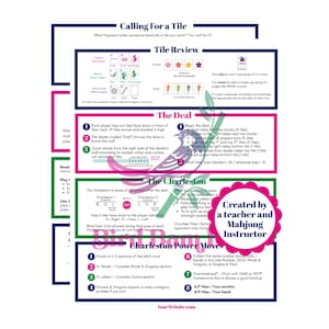 Puede incluir: Una guía detallada para el Mahjong, con instrucciones sobre el juego, la revisión de fichas y los movimientos de Charleston Power. La guía incluye diagramas y texto, con secciones sobre el reparto, el Charleston y los movimientos de poder. Creado por un profesor e instructor de Mahjong.