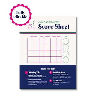 May include: A printable American Mahjong score sheet with a pink and navy blue design. The sheet includes spaces for player names, game scores, and totals, along with instructions on how to score. The words "Fully editable!" are in a pink circle.