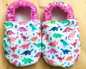 Girly Dinosaur Soft Soled Shoes -Pink Dinosaur Stay On Toddler Shoes -Crib Shoes -Baby Slippers -Non Slip Grippy Bottom- Baby Booties