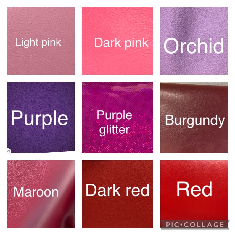 May include: A collage of nine fabric swatches in various colors. The colors include light pink, dark pink, orchid, purple, purple glitter, burgundy, maroon, dark red, and red. Each swatch has the color name in white text.