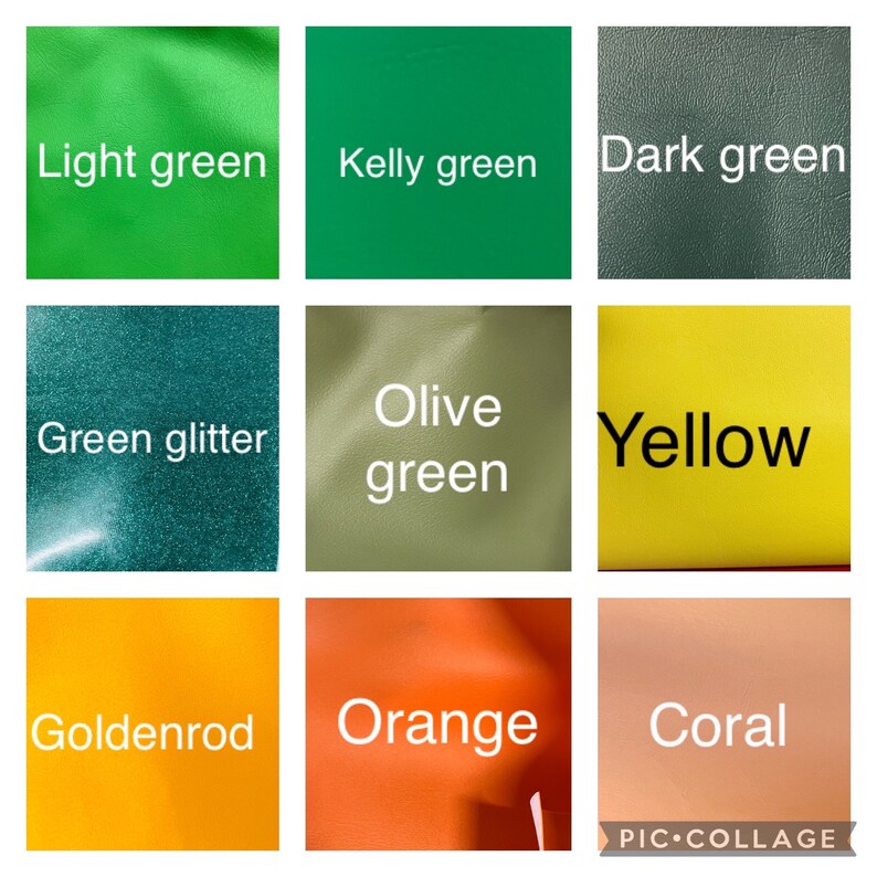 May include: A collage of nine color swatches, each with a different hue and labeled with its name. Colors include light green, Kelly green, dark green, green glitter, olive green, yellow, goldenrod, orange, and coral.