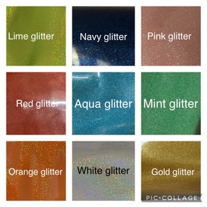 May include: Nine squares of glitter in various colors. The colors include lime, navy, pink, red, aqua, mint, orange, white, and gold. Each square has the color name written in white text.