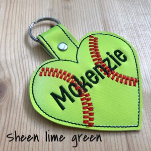 Personalized Softball Key Fob | 3&quot; Embroidered Sports Key Chain | Glitter Heart Baseball Bag Name Tag | Softball Team Gift | Monogrammed