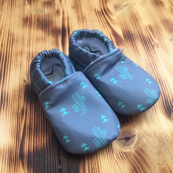 Gray Cactus Soft Soled Shoes -Cactus Stay On Toddler Shoes -Succulent Crib Shoes -Baby Slippers -Non Slip Grippy Bottom- Baby Booties