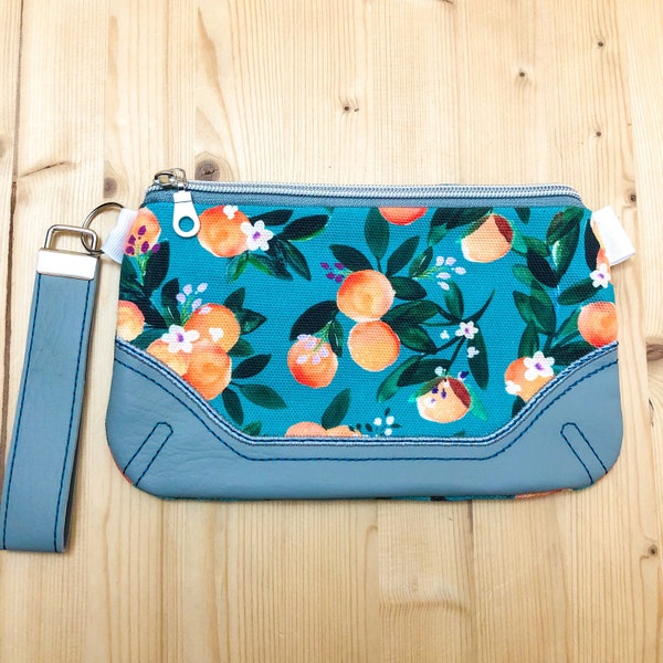 Oranges Teal Wristlet Zipper Pouch | Women's Clutch With Wrist Strap| Oranges Zipper Bag | Boho Purse | Travel Bag