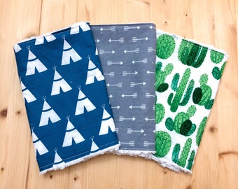 Cactus Burp Cloth Set of 3 - Tepee Burp Cloth - Arrow Burp Cloth - Chenille Burp Rag - Cactus Baby Shower Gift - Baby Shower Gift Set