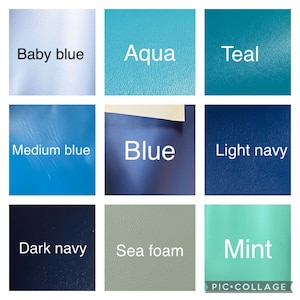 May include: A collage of nine color swatches, each labeled with a different shade. Colors include baby blue, aqua, teal, medium blue, blue, light navy, dark navy, sea foam, and mint. The text "PIC&bull;COLLAGE" is in the bottom right corner.