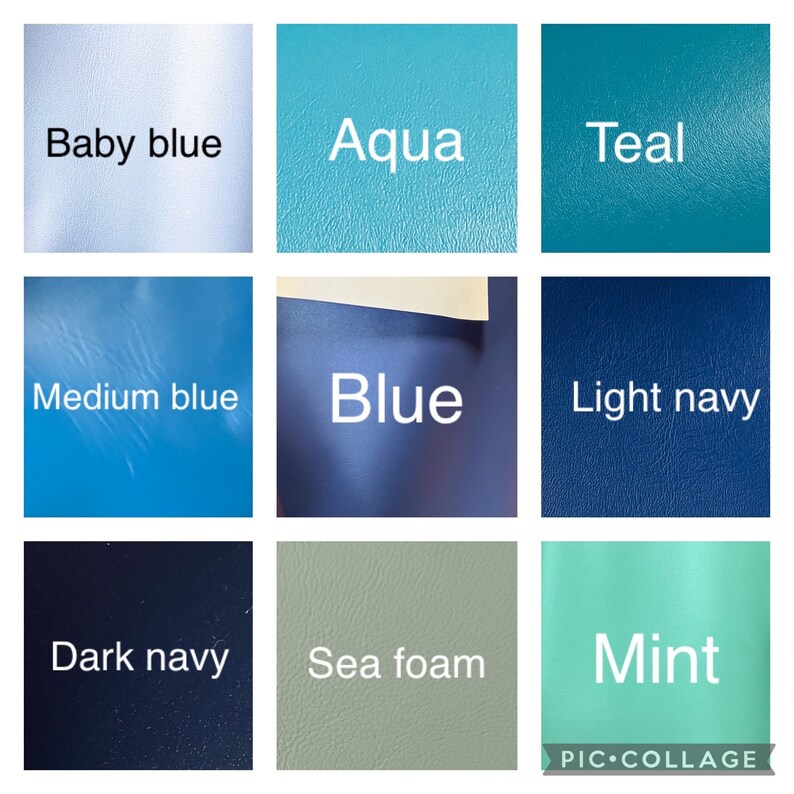 May include: A collage of nine color swatches, each labeled with a different shade. Colors include baby blue, aqua, teal, medium blue, blue, light navy, dark navy, sea foam, and mint. The text "PIC&bull;COLLAGE" is in the bottom right corner.