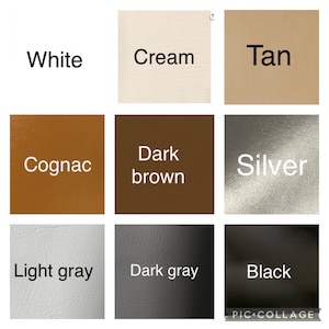 May include: A collage of nine color swatches, each labeled with a color name. Colors include white, cream, tan, cognac, dark brown, silver, light gray, dark gray, and black. The image is a color palette for design or product selection.