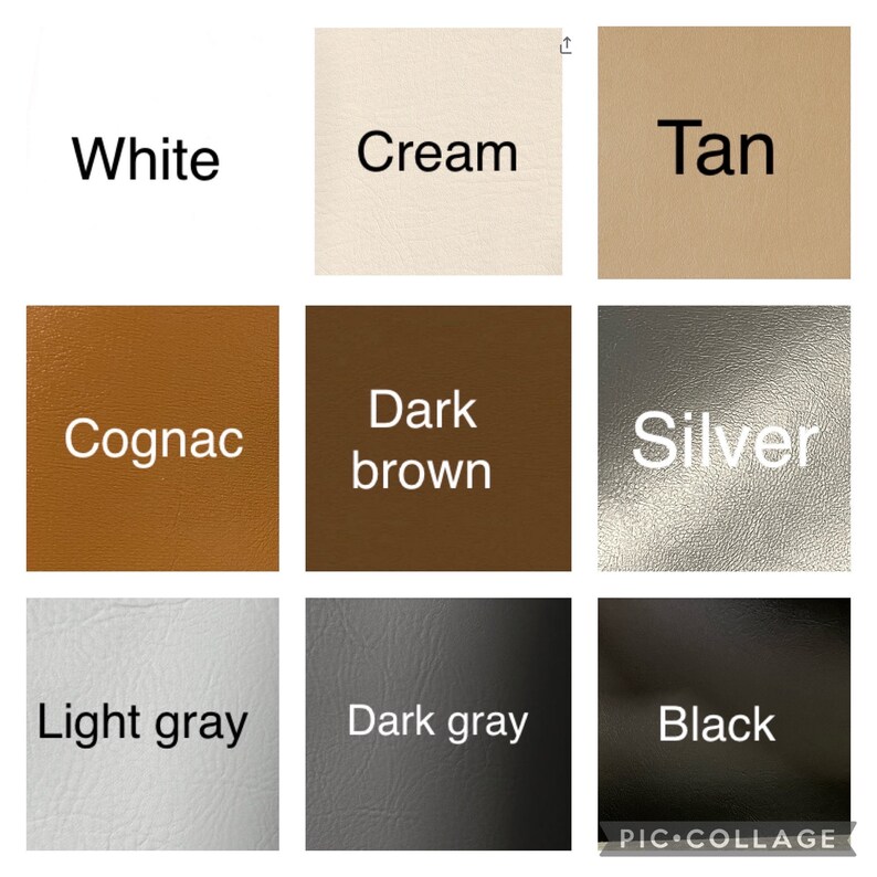 May include: A collage of nine color swatches, each labeled with a color name. Colors include white, cream, tan, cognac, dark brown, silver, light gray, dark gray, and black. The image is a color palette for design or product selection.