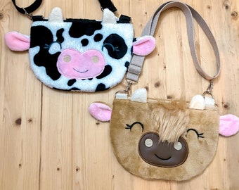 Cow Zipper Purse | Highland Cow Face Pouch |Black and White Cow Clutch | Animal Face Bag | Adjustable Crossbody Strap | Toddler Girl Gift