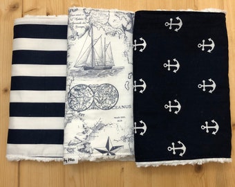 Nautical Burp Cloth Set of 3- Anchor Extra Absorbent Burp Rags -Boy Burp Cloth Set - Chenille Burp Rag -Baby Boy Gift -Spit Up Cloths- Navy