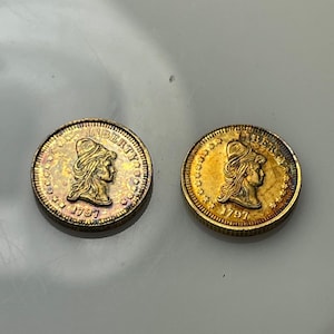 2 mini 1797 Ten Dollar coins Franklin Mint miniature United States eagle Capped Bust for collection or jewelry gold on sterling REPLICA pair