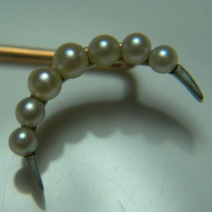 Antique Natural Seed Pearl Crescent Moon 14k Gold Hat Stick Pin Genuine Pearls Platinum Tips