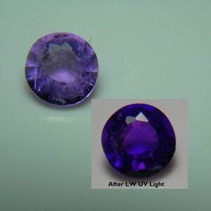 May include: A round, faceted purple gemstone. A smaller image shows the gem under UV light, appearing a deeper, more vibrant purple. The text "After LW UV Light" is visible in the smaller image.