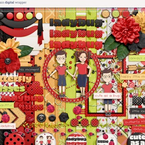 May include: Digital scrapbook paper with a ladybug theme. The paper features red, black, and green ladybugs, flowers, and the words "Ladybug Time", "Butterfly Kisses", "Cute as a Bug", and "Happy Little Moments".
