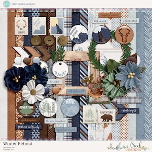 May include: A digital scrapbook kit with a winter retreat theme. The design features stamps, buttons, flowers, and patterned papers in blue, brown, and white. Text includes phrases like "Adventure," "Explore," and "Winter Retreat."