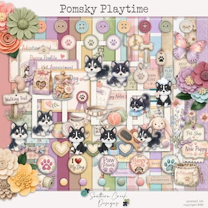 May include: A decorative collage with Pomsky puppies, dog-themed accessories, and embellishments. The design includes paw prints, hearts, and the text "Pomsky Playtime." Pastel colours and floral accents create a playful, pet-friendly theme.