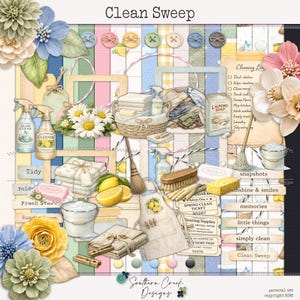 May include: A digital collage with a cleaning theme, featuring cleaning supplies, flowers, and the text "Clean Sweep." Includes spray bottles, soap, a broom, and an apron with lemons. The color palette is soft, with pastel shades and floral accents.