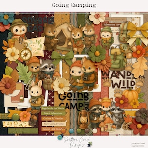 Puede incluir: Una página de scrapbook digital con temática de acampada. Presenta animales de dibujos animados como búhos, osos, zorros y mapaches, junto con equipo de acampada, flores y el texto "Going Camping" y "Wander Wild". La paleta de colores incluye marrones, verdes y naranjas.