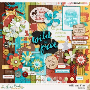 Wild and Free- Digital Scrapbooking Kit - 17 Paper - 60+ Elements - Paper Size - 12 x 12 Inches
