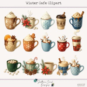 Pode incluir: Uma coleção de cliparts de café de inverno com várias canecas de bebidas quentes. Cada caneca é decorada com elementos festivos como flocos de neve, bonecos de gengibre e bonecos de neve. As canecas são preenchidas com chantilly, marshmallows e outras coberturas.